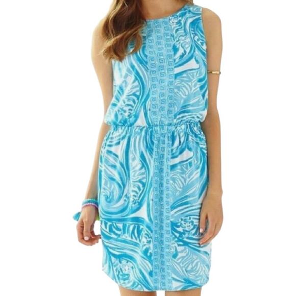 Lilly Pulitzer Windward White Sea Ruffle Blue Resort Sleeveless Dress Sz Medium - Picture 2 of 14